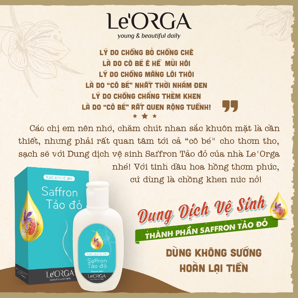 Dung Dịch Vệ Sinh Le'Orga - Saffron Gel Làm Sạch Thơm Tho Se Khít Hồng Hào 100ml