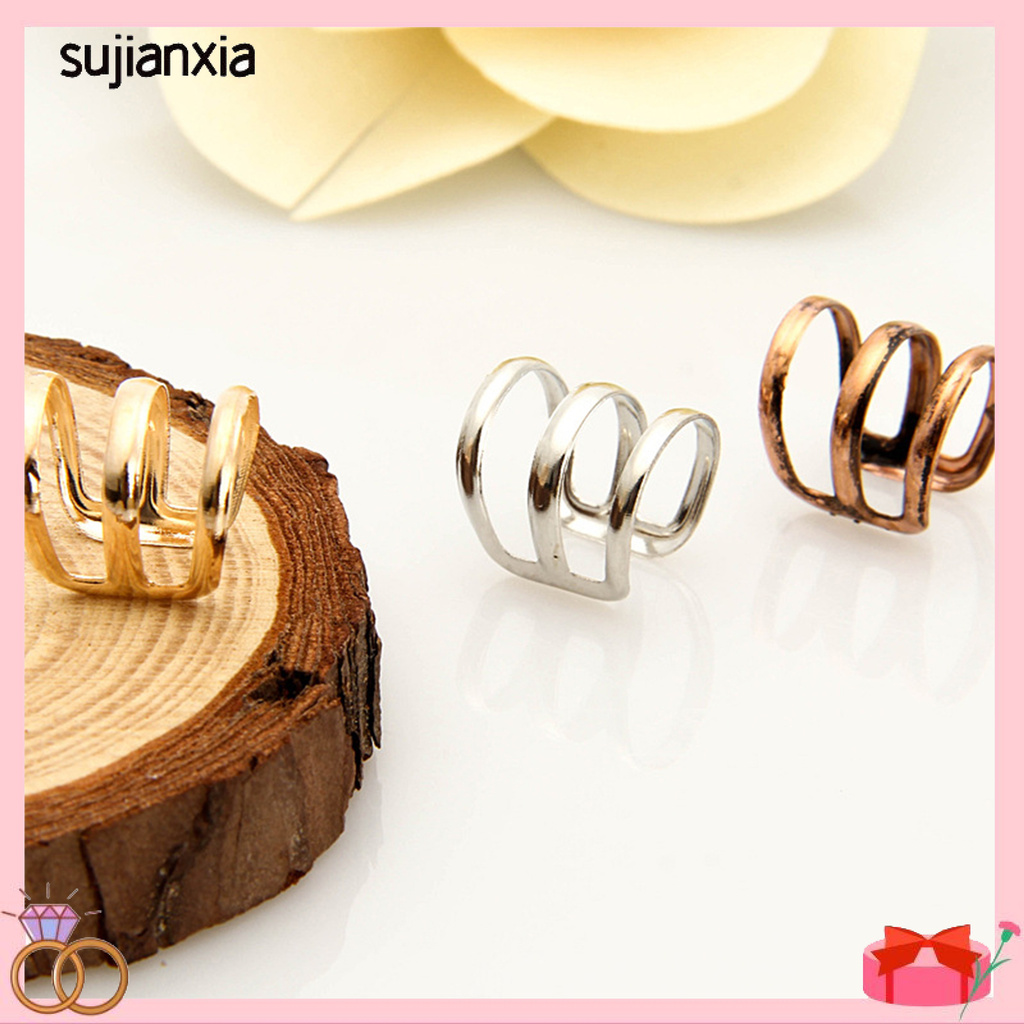 <sujianxia> 1Pc Ear Clip Cuff Simple Dual Use Women Adjustable 3-ring Hollow Finger Ring for Shopping Travel