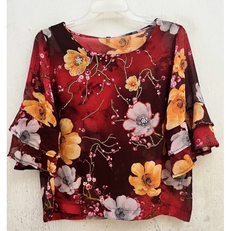 Áo Kiểu Nữ Trung Niên Chất Voan Tơ Đính Đá Sang Trọng Free Size 50-66Kg