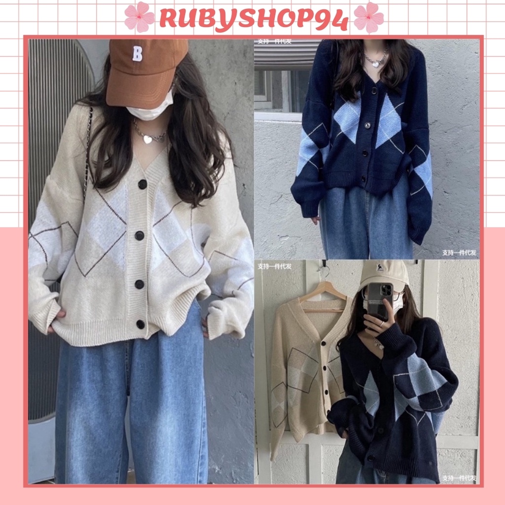 Áo cardigan len nữ dày dáng dài form rộng, Áo len nữ ulzzang khoác ngoài họa tiết quả trám