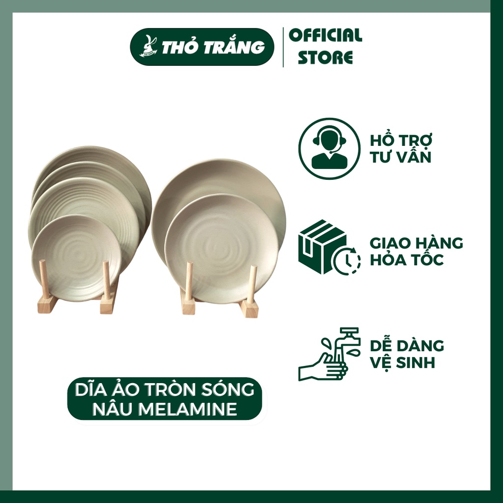 Dĩa ảo tròn sóng màu nâu nhựa Melamine đựng các món xào, chiên