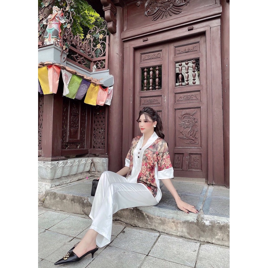 Bộ lam đi chùa satin tay lỡ