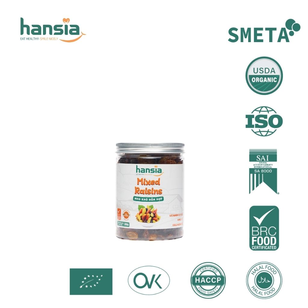 Nho Khô Hỗn Hợp Organic HANSIA Sấy Khô Tự Nhiên, Không Chất Phụ Gia, An Toàn Thơm Ngon Nhiều Dinh Dưỡng Hộp 300g