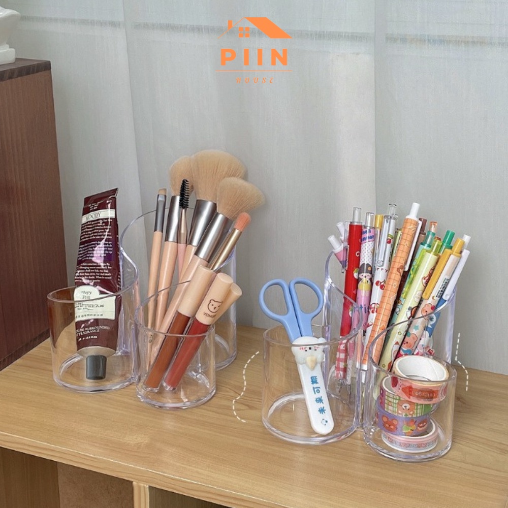 Khay đựng mỹ phẩm, cọ trang điểm 3 ô bằng nhựa Acrylic trong suốt, hộp đựng bút dụng cụ tiện ích PIIN HOUSE