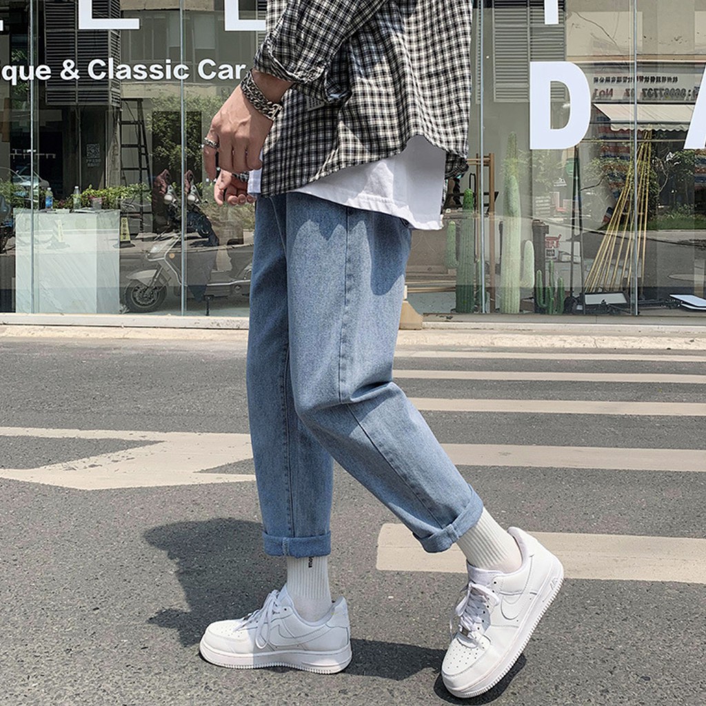 [Tiền Nào Của Đấy]Quần Jean Baggy Nam Ống Rộng Màu Xanh Đậm Trơn Không Phai Màu Form Baggy-B03