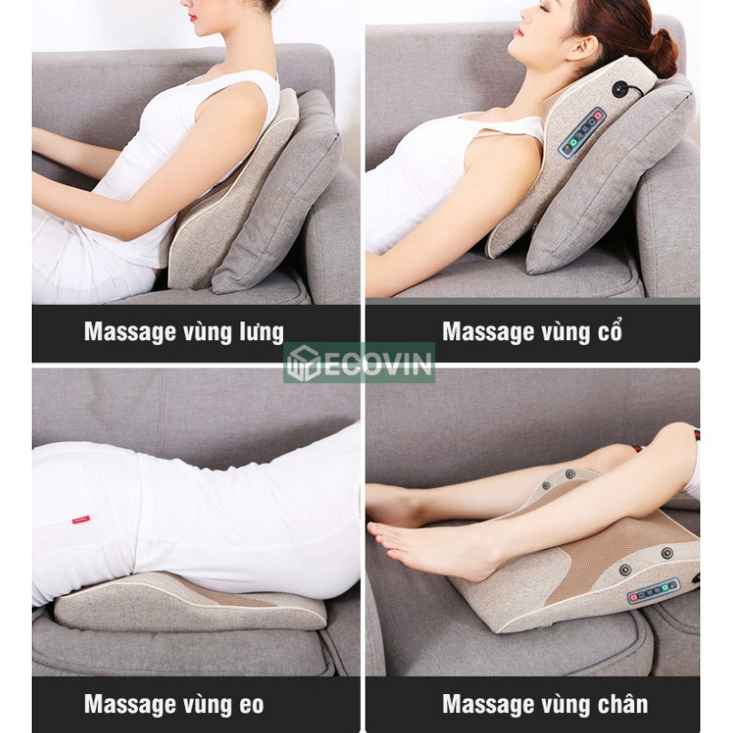 Gối Mát Xa - Gối Massage Lưng Vai Cổ Thắt Lưng Cao Cấp, Thư Giãn, Giảm Đau Nhức, 16 Bi Massage Hồng Ngoại, Chất Liệu PU