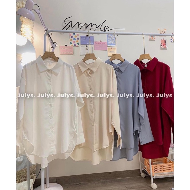 [Ảnh thật/Video] Áo Sơ Mi lụa July Tay Dài Màu Trơn Thiết Kế Dáng Rộng Áo sơ mi Mềm Hàn