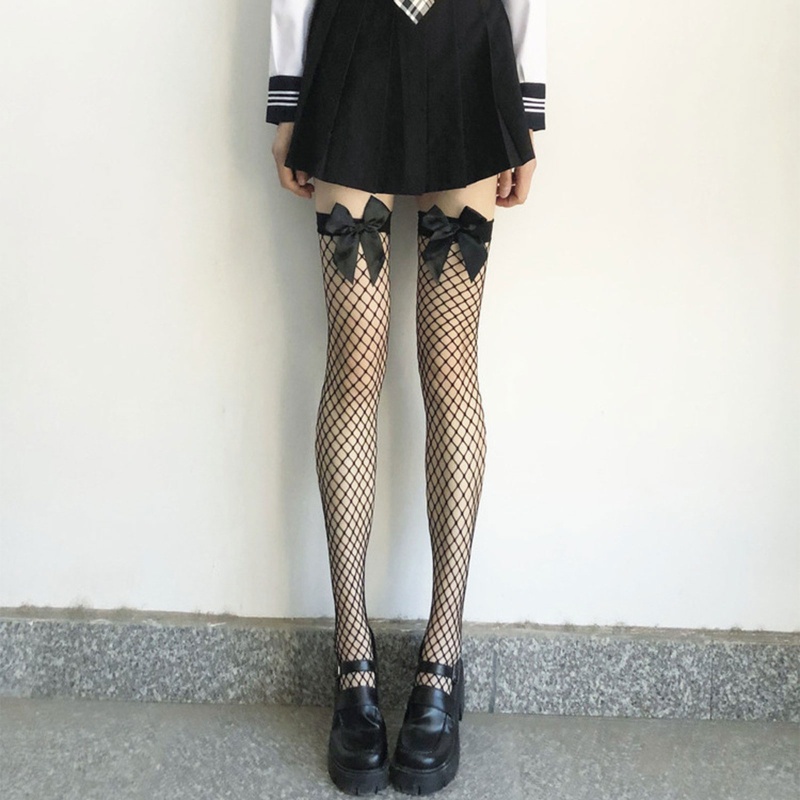 Vớ Lưới Cao Qua Gối Vải Satin Đính Nơ Phong Cách Lolita Quyến Rũ Cho Nữ