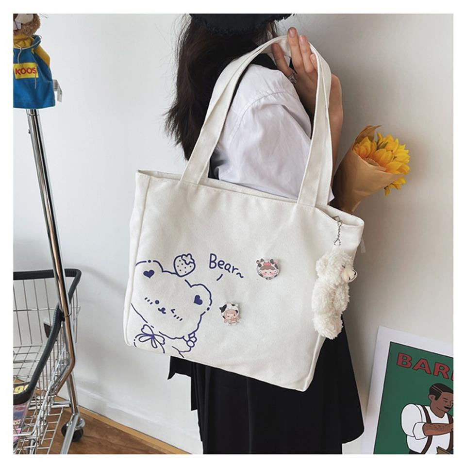 Túi tote vải canvas ulzzang unisex in hình gấu Bear dễ thương, phong cách hàn quốc