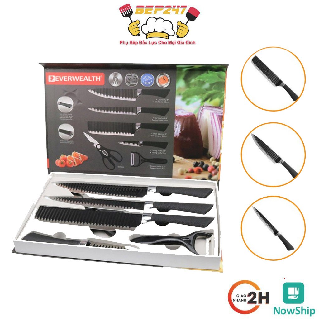Bộ Dao Nhật ASAKH Làm Bếp 6 Món Lưỡi Sóng, Chất Liệu Hợp Kim Chống Gỉ Cao Cấp
