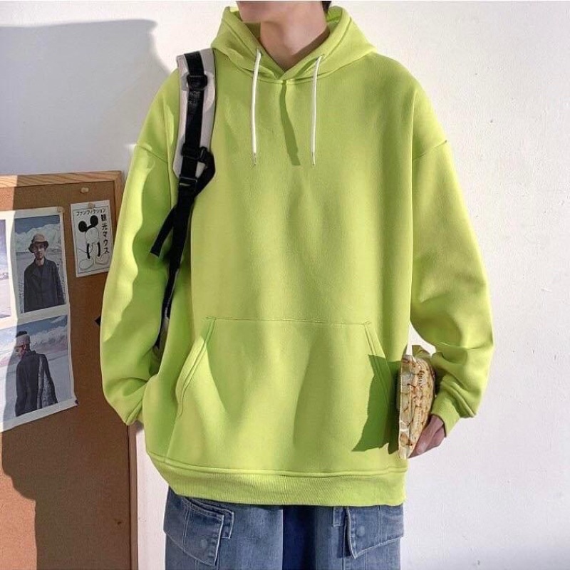 Áo Hoodie Nỉ Bông Unisex TRƠN màu XANH NEON/KEM  FREESHIP  Nam nữ unisex/HOODIE TRƠN form rộng