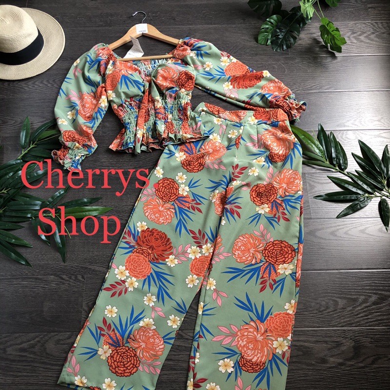 set đồ bộ lụa hoa tiểu thư áo thun dún quần ống rộng fom dưới 55 siêu hot