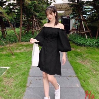 Váy babydoll trễ vai tay bồng nữ đẹp mẫu đầm dáng xòe 2 dây dài dự tiệc xinh 008