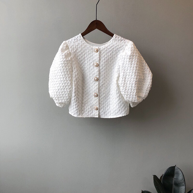 Áo sơ mi SUXI tay phồng ngắn dáng rộng phong cách Hàn Quốc thời trang mùa hè cho nữ