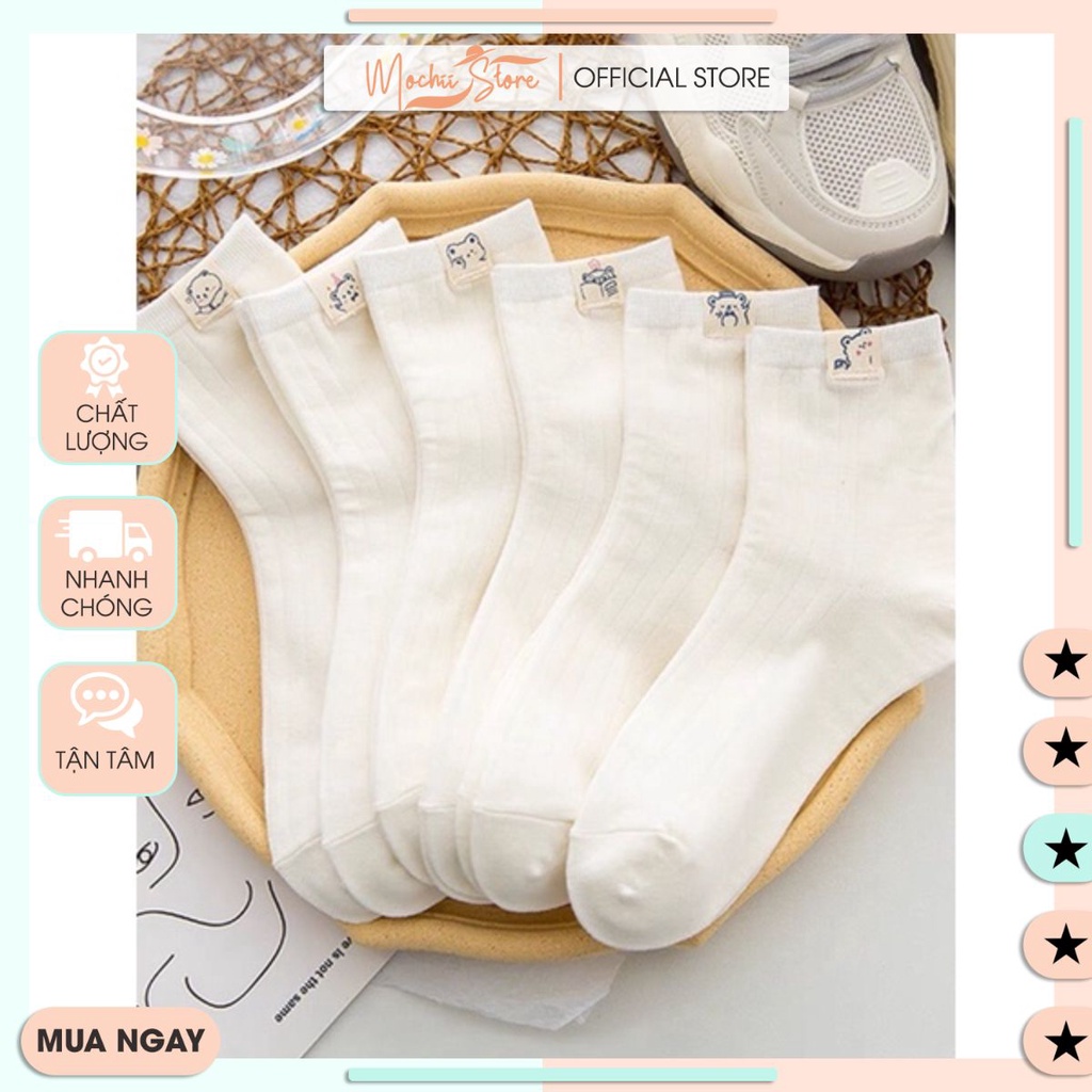 Tất nữ cổ cao trơn trắng chất thun cotton co dãn thấm hút mồ hôi hoạ tiết gấu xinh xắn.