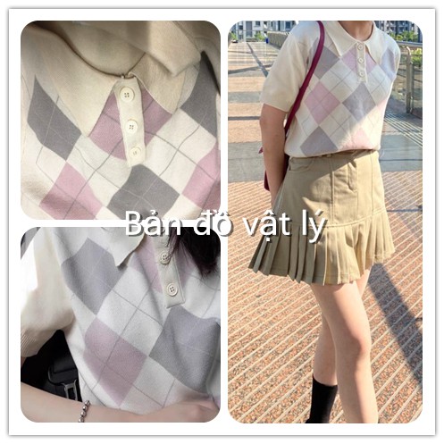 Áo kiểu dệt kim tay ngắn cổ polo họa tiết sọc ca rô phong cách Hàn Quốc thời trang dành cho nữ