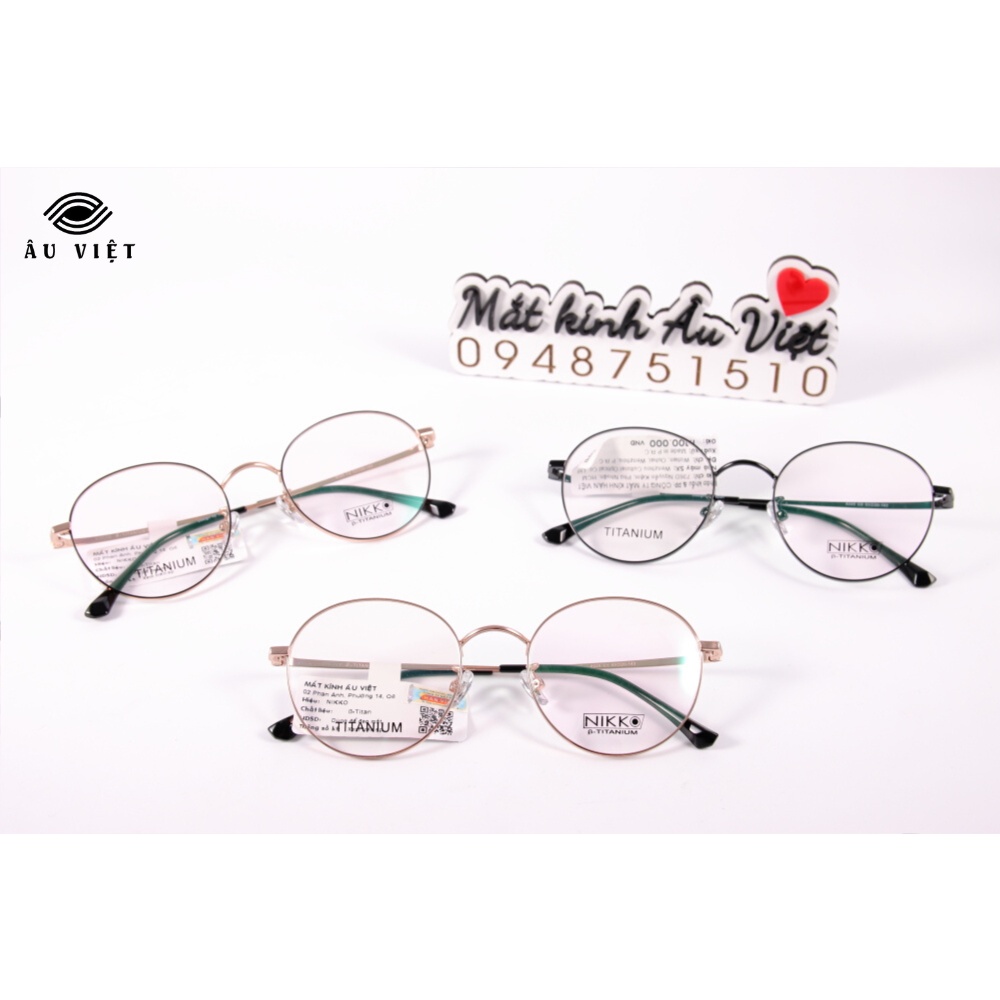 Gọng kính kim loại titanium Nikko 8325 nam nữ unisex dáng tròn màu vàng hồng/viền đen/đen Full box