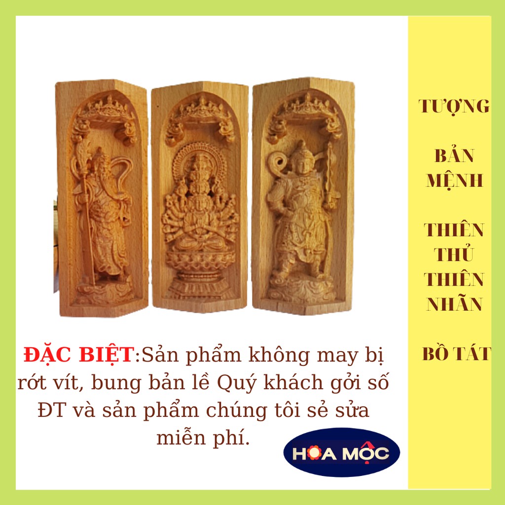 Tượng Phật Bản Thiên thủ Thiên nhãn Bồ Tát, hai vị Già Lam hộ pháp Vi Đà Tôn Thiên – Quan Vũ  13x7cm