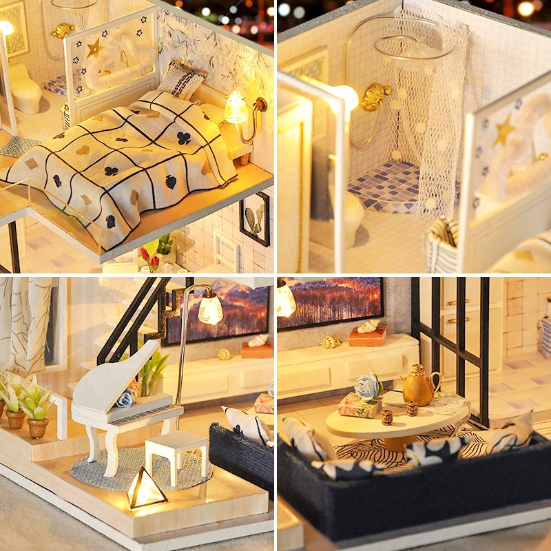 Mô hình nhà gỗ búp bê Tự, Bộ đồ chơi búp bê thu nhỏ với nội thất, làm Nhà thủ công Sưu tầm cho sở thích  TD32