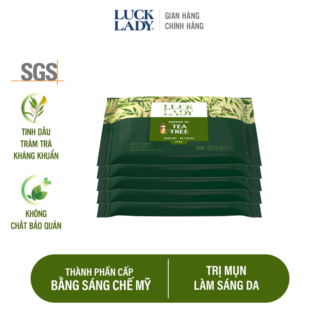 Combo 5 gói khăn ướt dưỡng da Luck Lady Tea Tree (10 tờ/ gói)