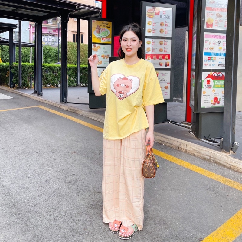 Set dài áo vàng quần lụa caro