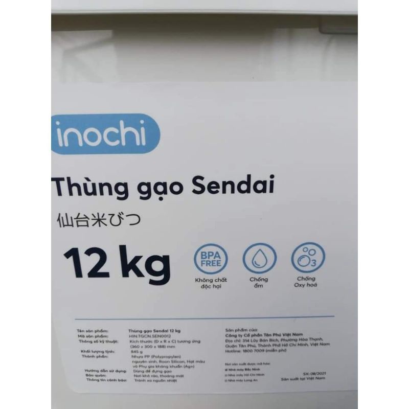 Thùng đựng Gạo Thông Minh - Thùng Gạo Sendai Inochi 12kg Chính Hãng