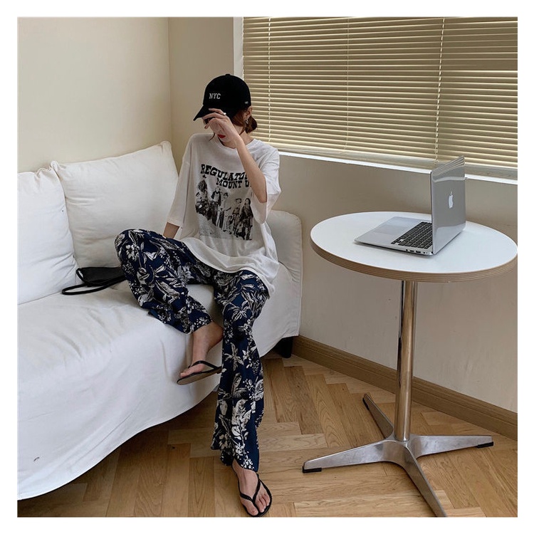 Quần dài lưng cao ống rộng họa tiết hoa thời trang mùa hè mát mẻ thoải mái