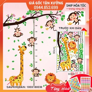 Tranh đề can,decal dán tường cho bé đo chiều cao khỉ và hươu cao cổ, tranh dán tường cho bé đo chiều cao mẫu mới