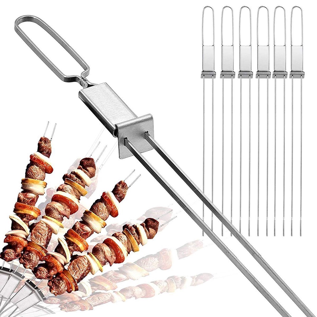 Xiên Nướng Bbq Bằng Thép Không Gỉ Chống Bỏng Kèm Thanh Trượt Tiện Dụng