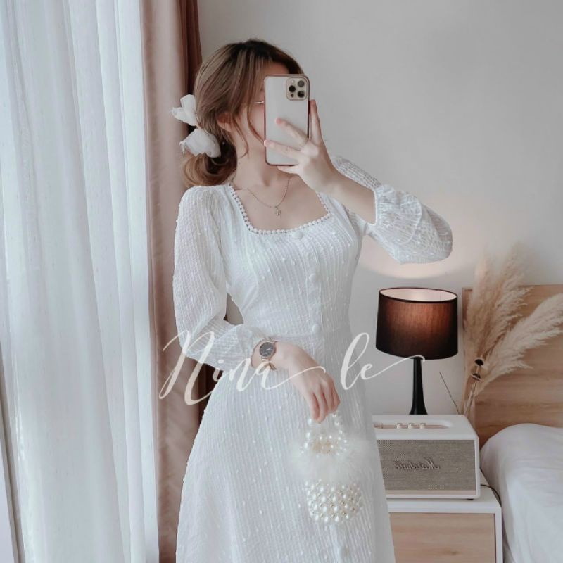 Đầm dự tiệc trắng cỗ vuông tay phồng dáng dài (Hàng có sẵn) | BigBuy360 - bigbuy360.vn