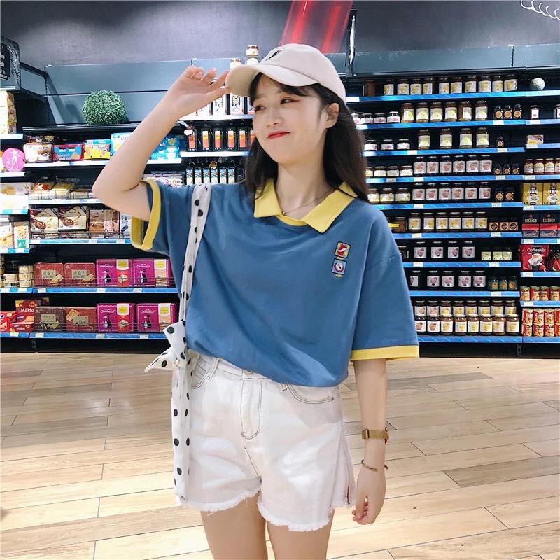 ÁO THUN NỮ ULZZANG TEEN CỔ SƠ MI PHỐI MÀU