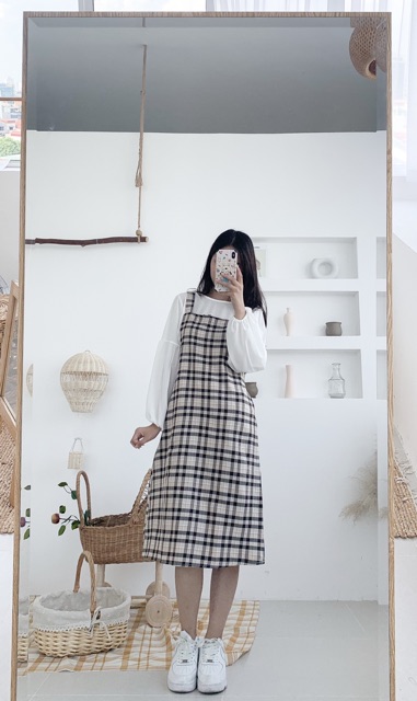 Set Váy Yếm Kẻ Caro + Áo Tay Bồng Ulzzang