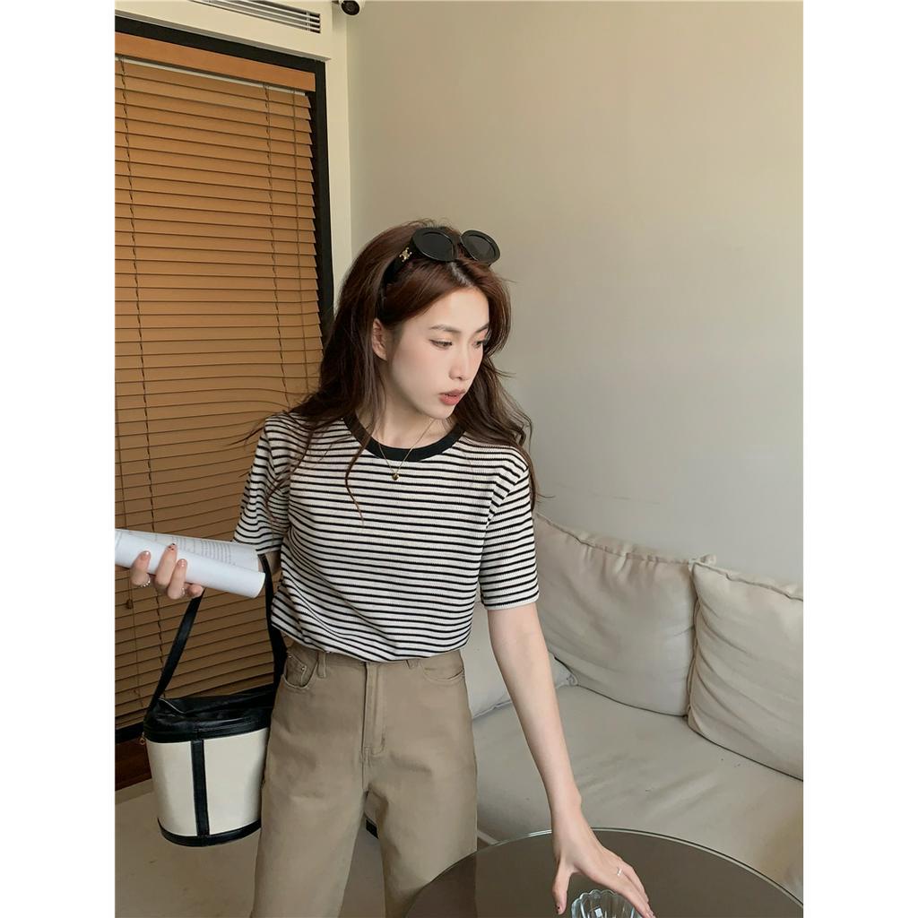 Xiaozhainv Áo Thun Ngắn Tay Form Rộng Họa Tiết Kẻ Sọc Phong Cách Hàn Quốc Dành Cho Nữ