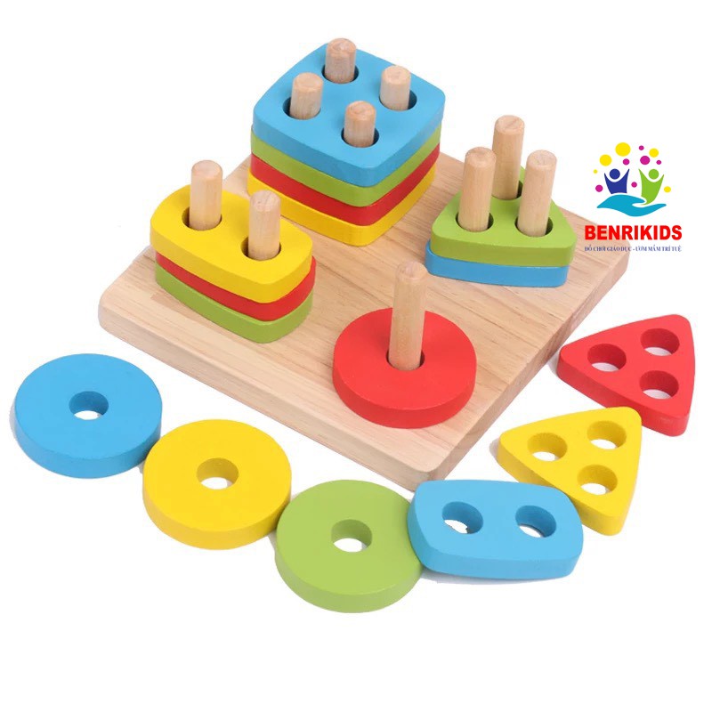 Bộ Giáo Cụ Montessori Đồng Hồ Hình Khối, Thả Hình Shape String Và Luồn Hạt Mê Cung Bằng Gỗ Cho Bé Khám Phá