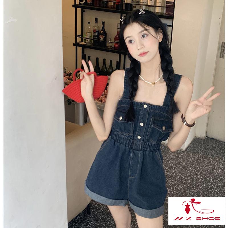 M & X  Quần Yếm Denim Ngắn Phong Cách Retro Mùa Hè 2022 Dáng Ôm Eo Hẹp Uốn Xoăn Cho Nữ