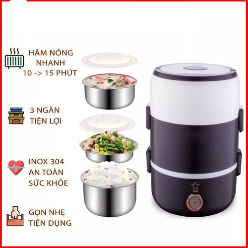 Hộp Mang Cơm Văn Phòng, Cặp Lồng Hâm Nóng Thức ăn Cắm Điện-Hộp cắm điện nấu cơm 3 Tầng Inox Lunchbox