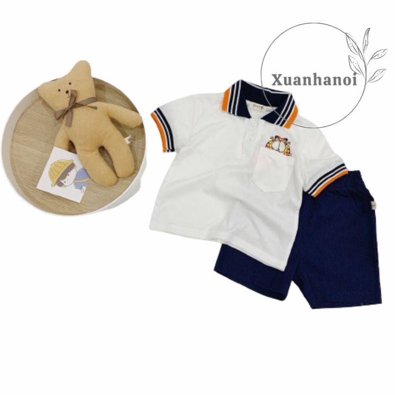 Bộ bé trai cổ bẻ kẻ viền tay và quần đùi XHN1026