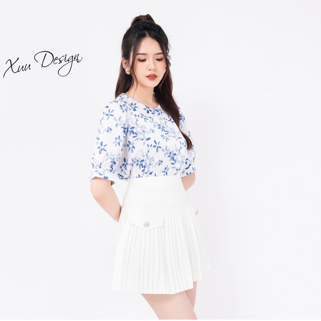 Áo kiểu nữ công sở cổ tròn Xuu, họa tiết hoa nhí nữ tính - Xu14