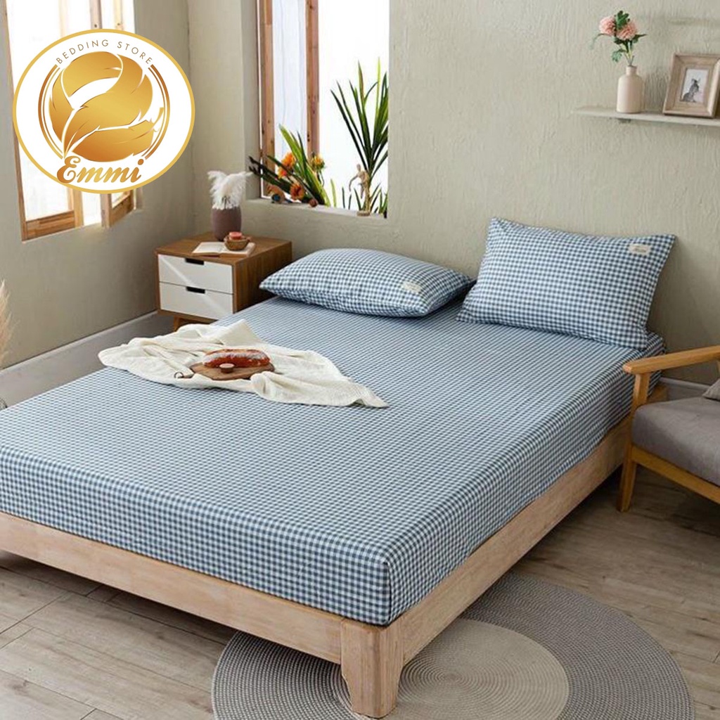 Bộ Ga giường, ga gối TC kẻ xanh dùng cho homestay, nhà nghỉ và decor phòng ngủ EmmiBedding gồm 1 ga và 2 áo gối nằm