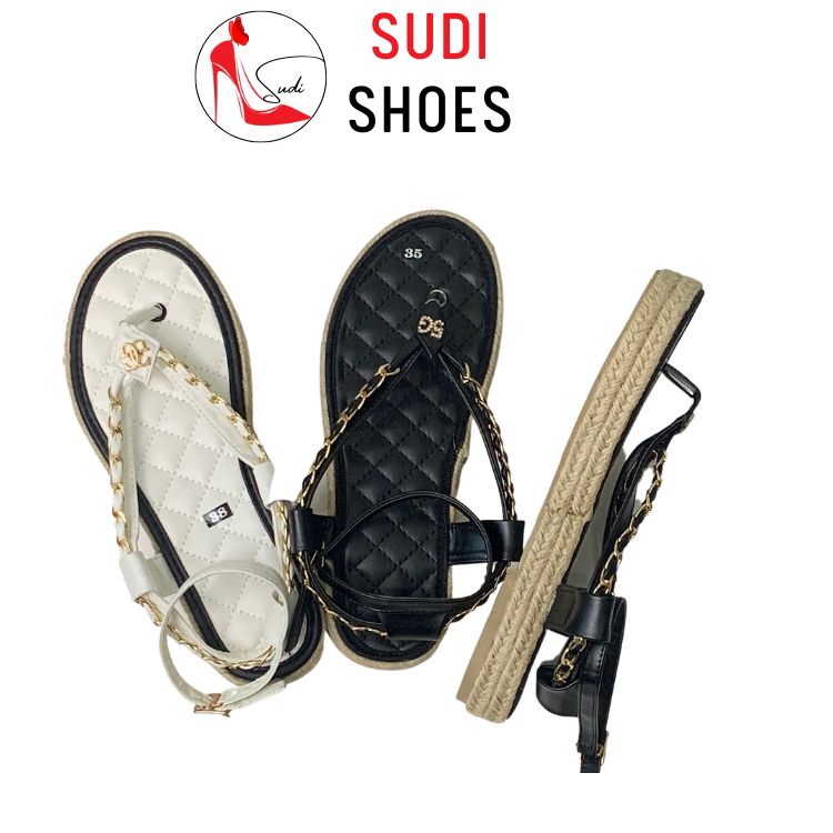 Sandal nữ xỏ ngón Hiền Hồ hot trend- xăng đan đế cói quai xích tiểu thư sang chảnh SUDI SHOES SD041AKA