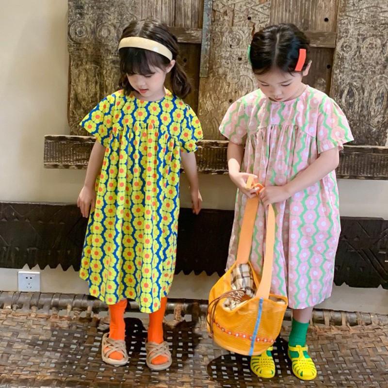 Đầm công chúa dáng dài cổ tròn in hoa phong cách Hàn Quốc thời trang mùa hè dễ thương cho bé gái 3-8 tuổi