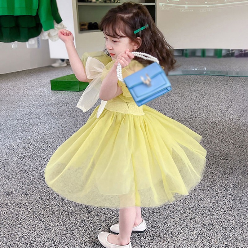 Đầm Công Chúa Tay Phồng Cổ Tròn Màu Trơn Thắt Nơ Phong Cách Hàn Quốc Thời Trang Mùa Hè Xinh Xắn Cho Bé Gái