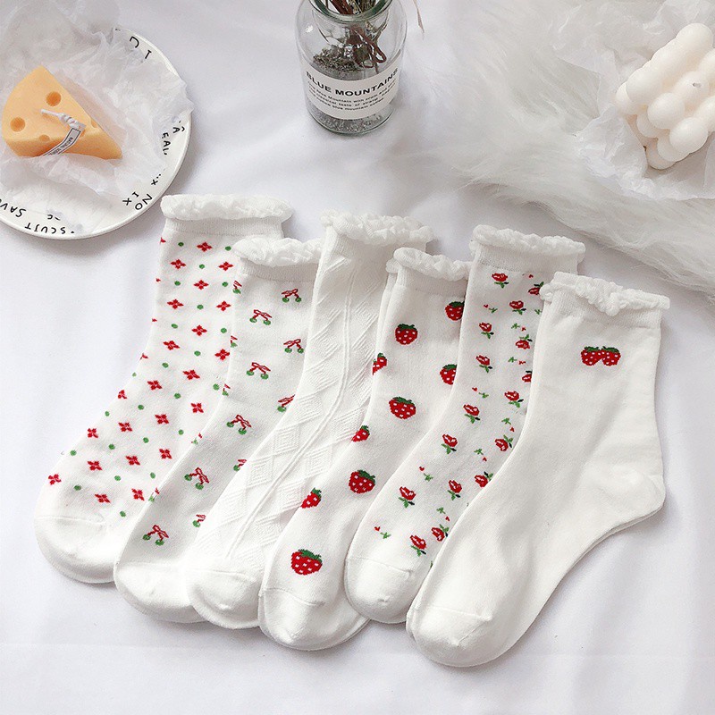 Vớ cotton mềm cổ cao đến mắt cá chân in hình hoa/ đầu lâu dễ thương cho nữ