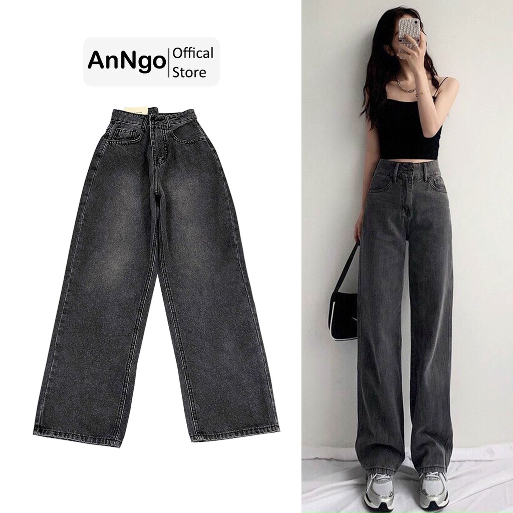 Quần jean nữ baggy ống rộng suông trơn, chất vải Jean Denim dày bền màu AnNgo - AT123
