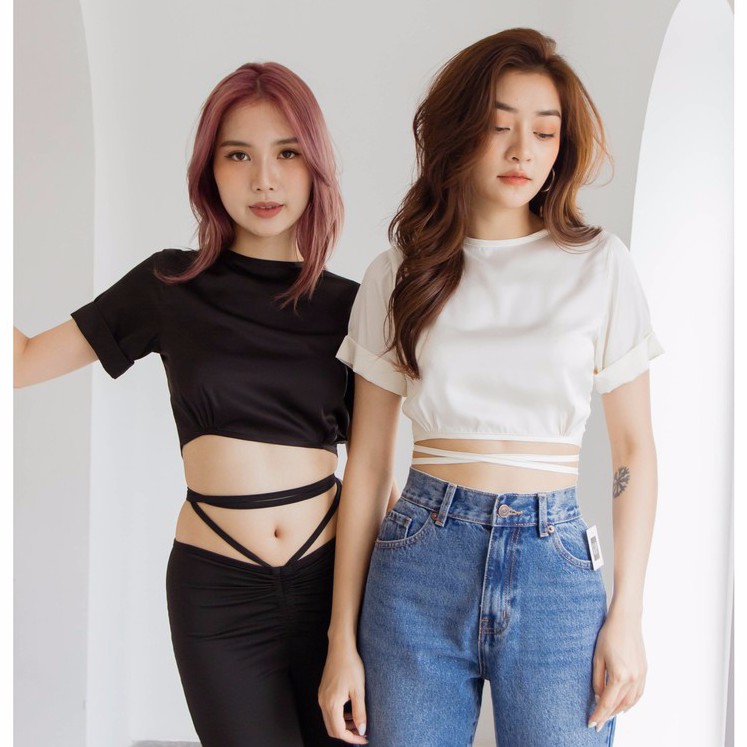 Áo cộc tay nữ croptop lụa cutout buộc dây eo Mia Ritta A2072 ảnh thật