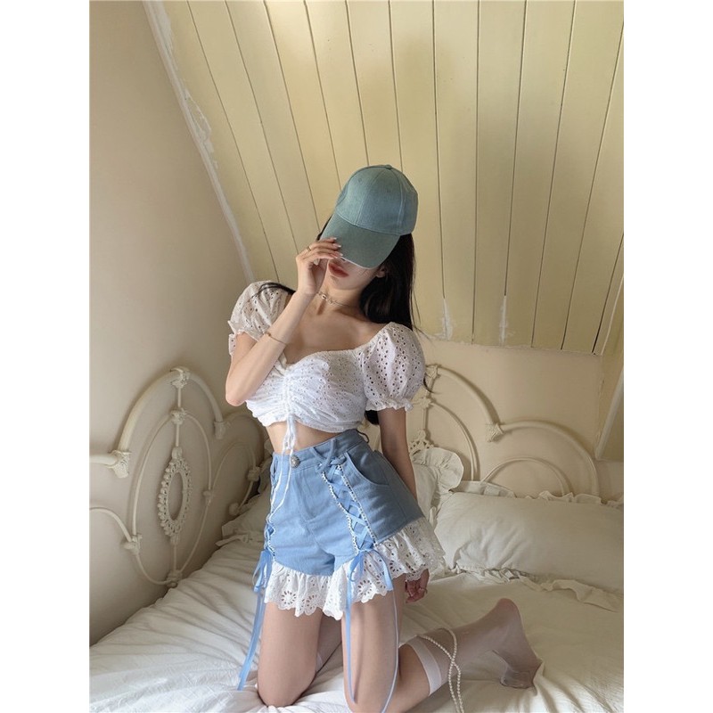 Set áo croptop trắng tay phồng ngực dún + quần short xanh thắt nơ ruy băng xinh xắn phong cách ulzzang SAM SAM BOUTIQUE