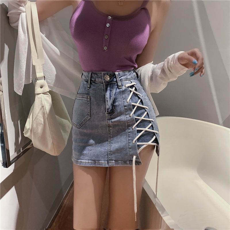 Chân Váy Jeans Lưng Cao Xẻ Tà Thời Trang Dành Cho Nữ