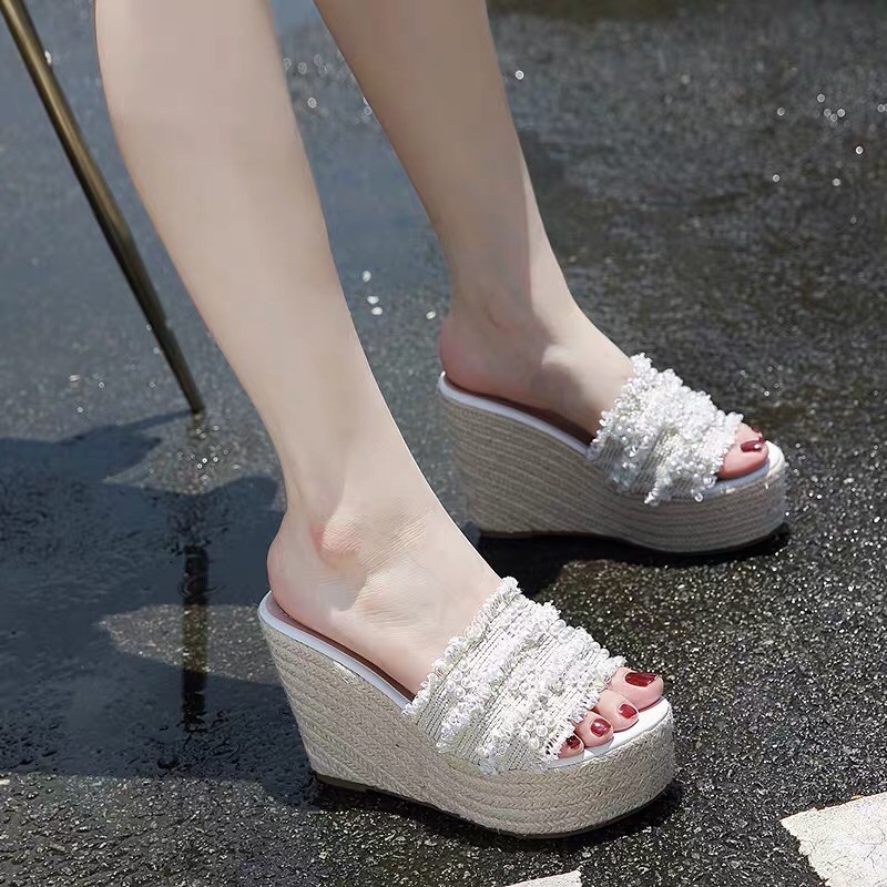 Dép đế xuồng cói quai tua rua đính hoa 11 cm, hàng cao cấp