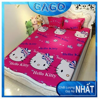 Ga gối poly, bộ ga gối drap giường, set 1 ga giường + 2 vỏ gối kitty hồng đậm Gago