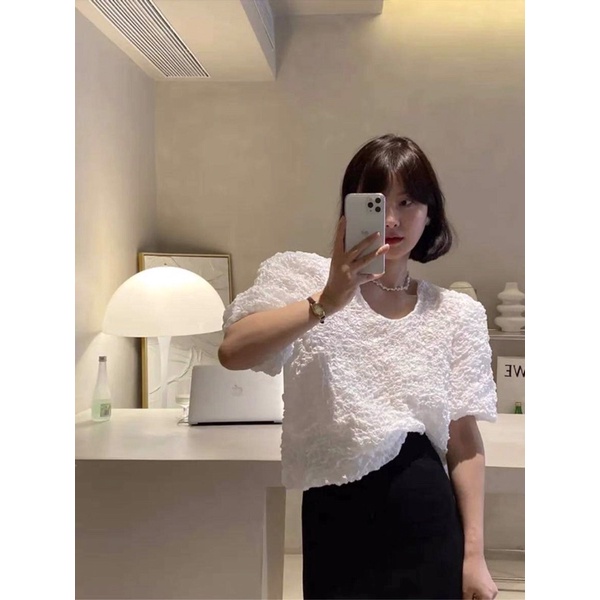 [Ảnh thật/Video]Áo sơ mi cổ tròn smile tay bồng form to bay bay tiểu thư Áo sơ mi cổ tròn hàn quốc